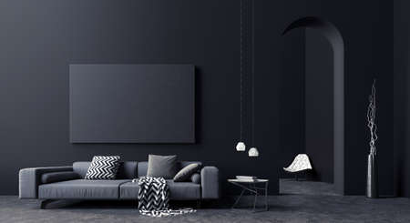 Modern Concept interior design of black and grey living room, 3d Render 3d illustrationの写真素材
