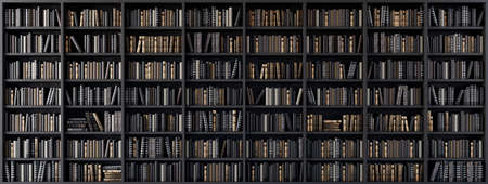 Bookshelves in the library with old books 3d render 3d illustration