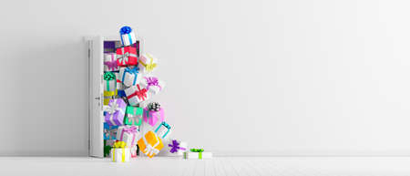 Colorful Gifts fall out through the open door in white room with copy space. Holidays season concept 3d render 3d illustrationの写真素材
