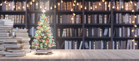 Decorated Christmas tree on Bookshelf in the library with old books, Holidays in Bookstore concept 3d render 3d illustrationの写真素材