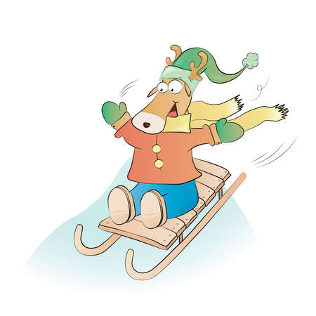 Funny Reindeer play with sledge isolated on white background vector illustrationのイラスト素材