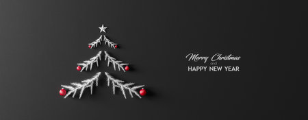 Christmas Tree Made With Fir Branches And Red Christmas Ball Decorations On Black Background With Copy Space. Winter Holidays concept 3d render 3d illustrationの写真素材