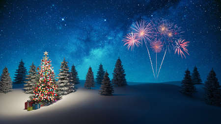 Decorated Christmas tree in winter night background 3d render 3d illustrationの写真素材