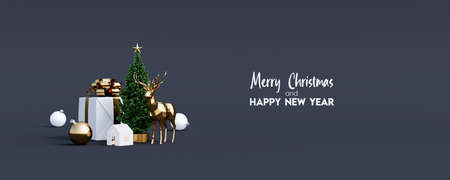 Merry Christmas and Happy New Year greeting card. Black background with copy space 3d render 3d illustrationの写真素材