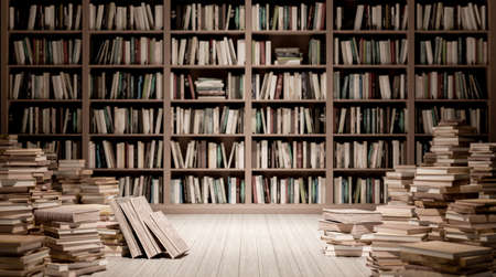 Bookshelves in the library with old books 3d render 3d illustration
