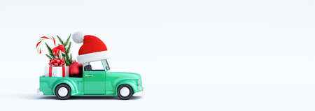 Cute green car with Santa hat carrying gift and Christmas decorations on white background 3d render 3d illustrationの写真素材