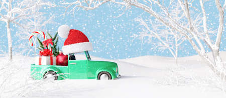 Cute green car with Santa hat carrying gift and Christmas decorations in Snowy Landscape. Winter Holidays Background 3d render 3d illustrationの写真素材