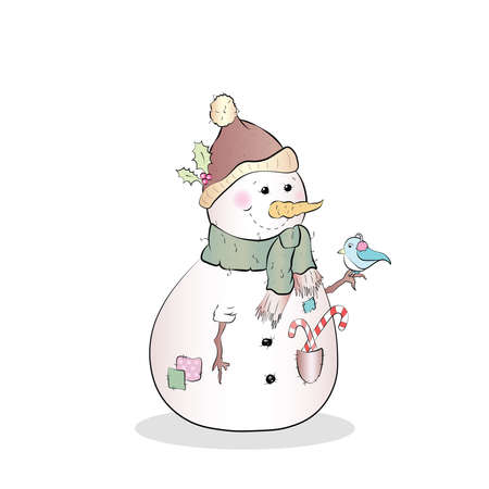 Cute happy snowman with little bird isolated on white background vector illustrationのイラスト素材