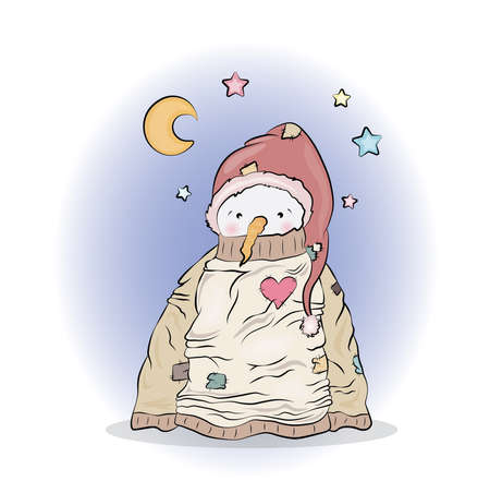 Cute snowman in big sweater stands in the night vector illustrationのイラスト素材