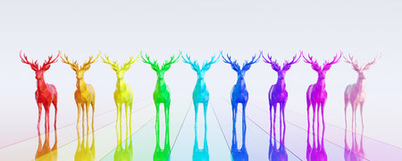 Rainbow colored reindeers in row on white background 3d render 3d illustrationの写真素材