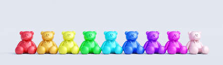 Colorful Teddy bears in row on white background 3d render 3d illustration