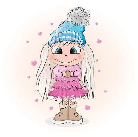 Little cute girl with winter hat holding a cookie vector illustration characterのイラスト素材