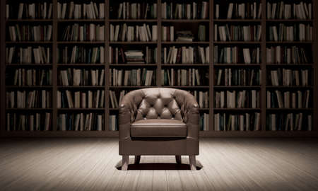 Leather armchair in the library with old books 3d render 3d illustrationの写真素材