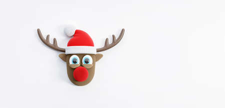 Reindeer with Santa Claus hat. Christmas Holidays concept with white copy space 3d render 3d illustrationの写真素材