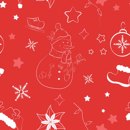 Christmas seamless pattern on red background. Cute winter holidays illustrationの写真素材