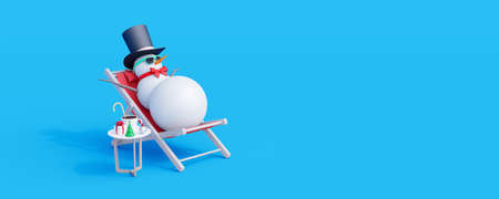 Snowman with sunglasses resting and drink hot chocolate on blue background. Winter Holidays concept 3d render 3d illustrationの写真素材