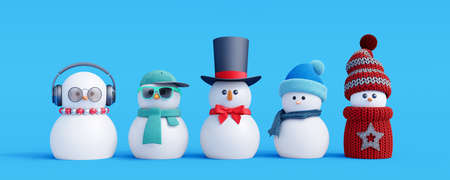 Group of Cute Snowmen on blue background. Winter Holidays background 3d render 3d illustrationの写真素材