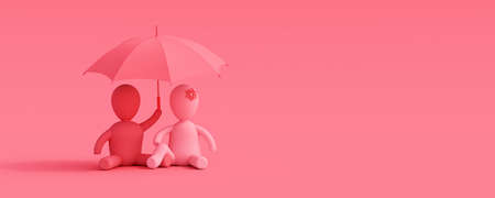 Boy and Girl in love stand under an umbrella. Couple in love concept. Valentine's day background 3d...