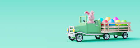 Cute Easter bunny drive car and carry colorful painted eggs. Easter holiday concept on green background 3d render 3d illustrationの写真素材