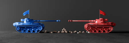 War escalation of the conflict 3d concept. Blue and red tanks are fighting and trampling human...