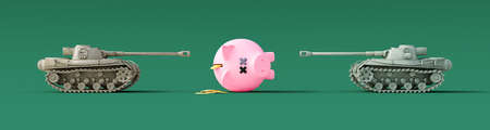 War escalation impact on economy 3d concept. Tipped over piggy bank killed by military tanks 3d...