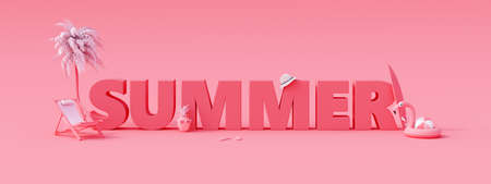 Summer text with beach accessories on pastel pink background. Creative minimal summer concept idea 3D Render 3D illustrationの写真素材