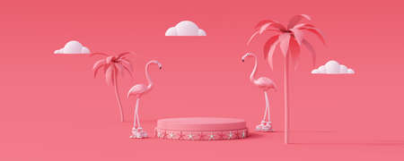 Summer vacation concept with podium for products. Flamingo and palm tree on pink background 3D Render 3D illustrationの写真素材
