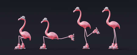 Pink flamingo in various poses rides roller skates on black background. Summer vacation concept 3D Render 3D Illustrationの写真素材