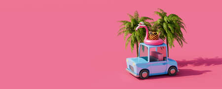 Cute car with palm trees and inflatable flamingo on pink background. Creative summer travel concept 3D Render 3D illustrationの写真素材