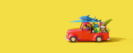 Red car with luggage and beach accessories ready for summer travel. Creative summer concept on...