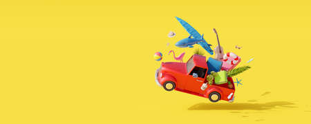 Red car jump with luggage and beach accessories ready for summer travel. Creative summer vacation concept on yellow background 3D Render 3D illustrationの写真素材