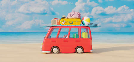 Bus with luggage and summer accessories ready for travel. Vacation concept on sandy beach 3D Render 3D illustrationの写真素材