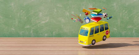 Jumping School bus with school supplies in classroom. Back to school concept on wooden table with...