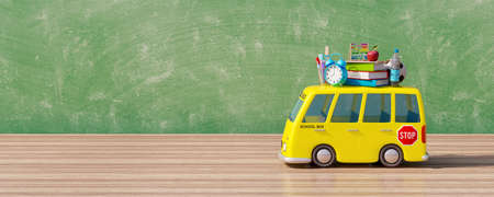 School bus with supplies standing in classroom on wooden table with chalkboard in the background 3D Render 3D Illustrationの写真素材