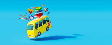 Jumping School bus with school supplies. Back to school concept on blue background. 3D Render 3D Illustrationの写真素材