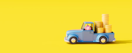 Toy car with piggy bank brings money. Financial assistance concept on yellow background 3D Render 3D Illustrationの写真素材