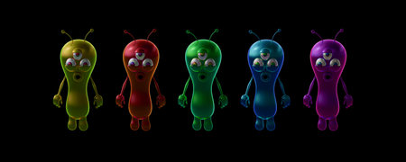 Reflective colorful Aliens on black background 3d render 3d illustration