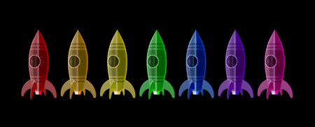 Colorful rocket space ships on black background. Space exploration concept 3d render 3d illustrationの写真素材