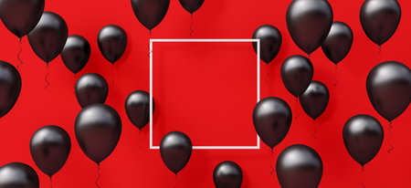 Mock up with empty frame on red background. Celebration and anniversary concept with black balloons 3d render 3d illustrationの写真素材