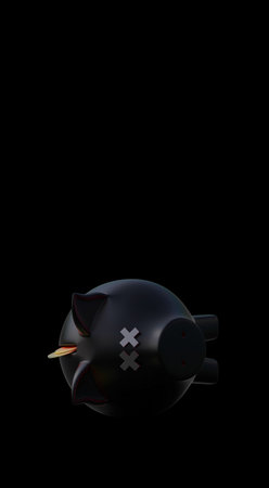 Reflective piggy bank killed by the financial crisis on black background, vertical composition 3d render 3d illustrationの写真素材