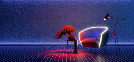 Modern dark room with glowing neon lights and contemporary armchair. Futuristic and stylish interior...