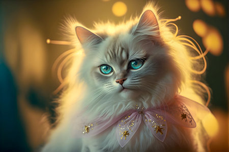 Very cute cat in pink outfit with warm light in backgroundの写真素材