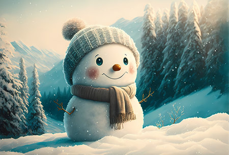 Illustration of funny snowman on a snowy meadowの写真素材
