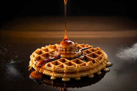 Delicious waffles with oozing maple syrup. Illustration of delicious foodの写真素材