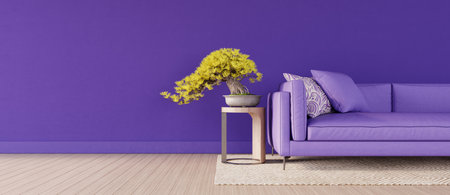 Mock up Living room interior design with purple sofa, empty purple wall with copy space on left 3D render 3D illustrationの写真素材