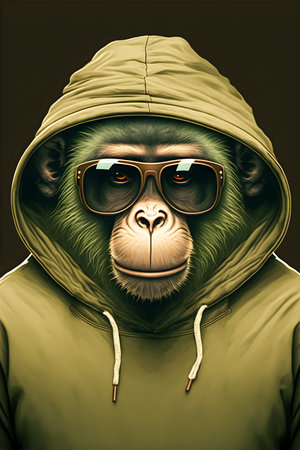 Portrait of monkey in a hooded sweatshirt at the studioの写真素材