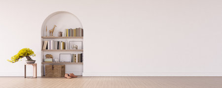 Mock up, Empty white Living room, interior design with bookshelf inserted into the wall 3D Render 3D illustrationの写真素材