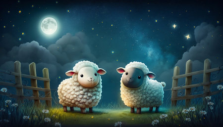 Two cute sheep in the meadow next to the wooden fence and the moon in the clear sky. Adorable good night illustrationの素材