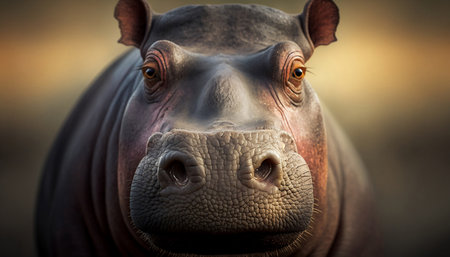 Beautiful hippo extreme close up portrait. Looking straight in the cameraの素材