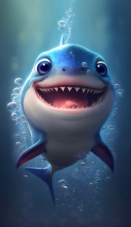 Portrait of funny adorable baby shark with big smileの素材